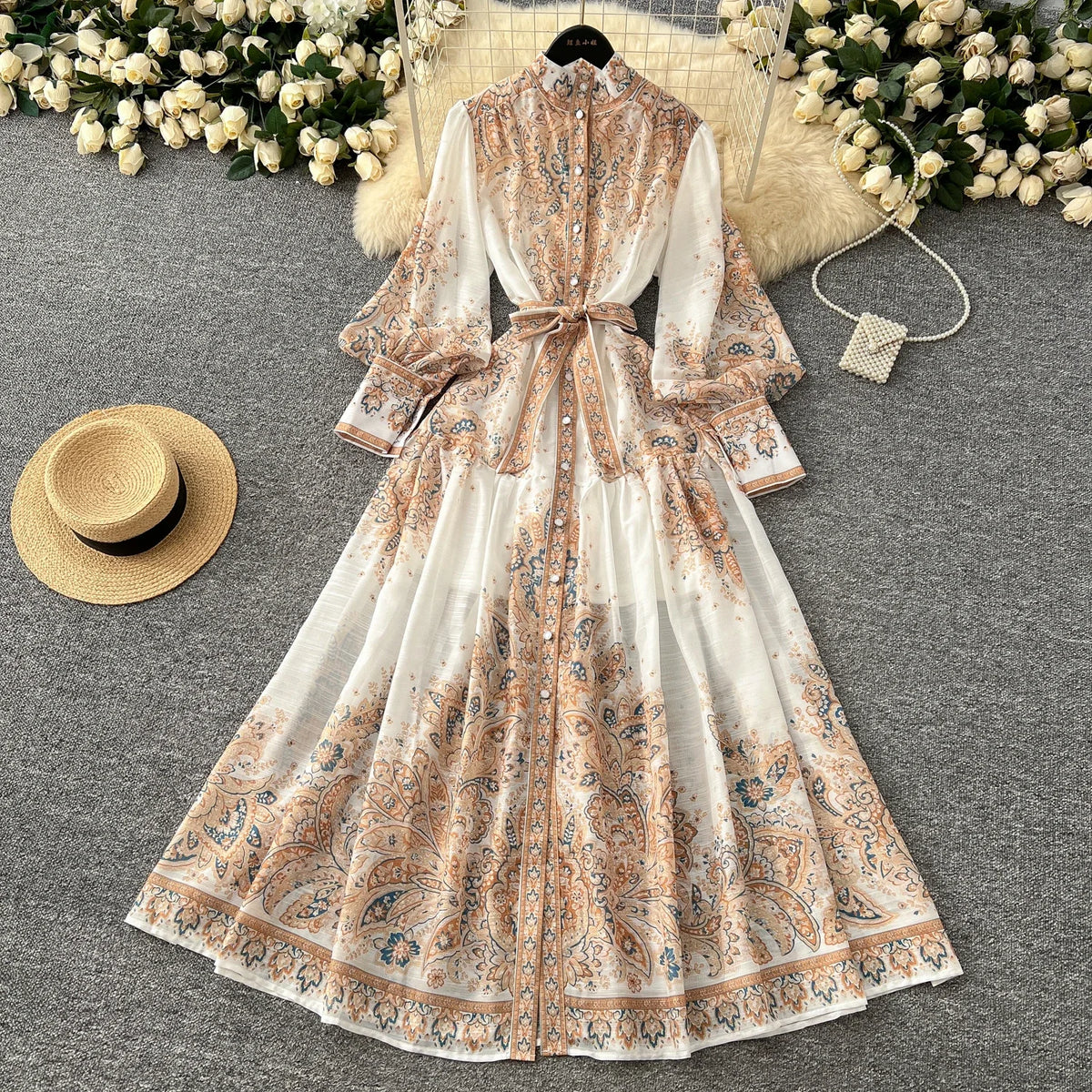 Printed Puff Sleeve Button Maxi Dress