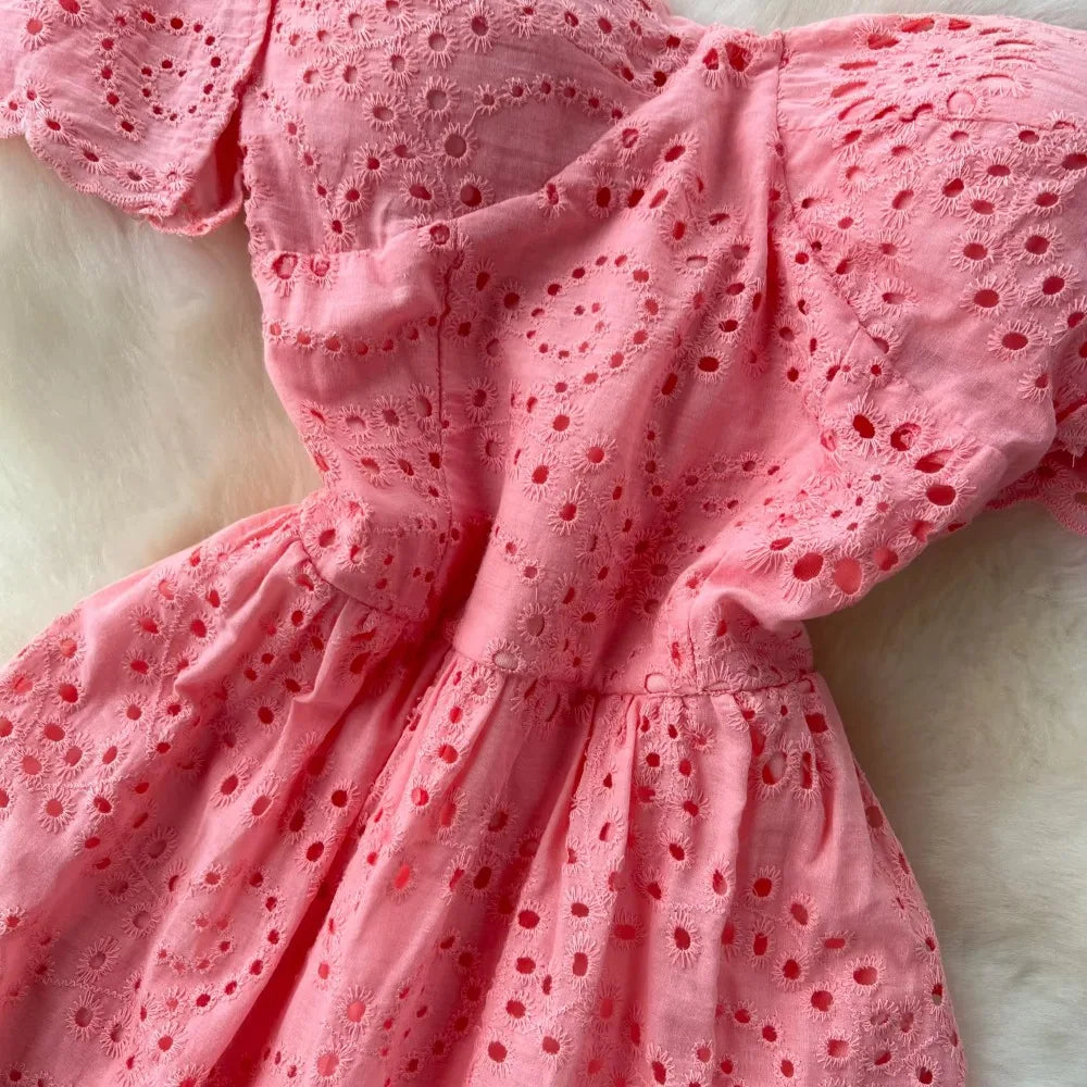 Embroidered Cutout Ruffle A-Line Dress