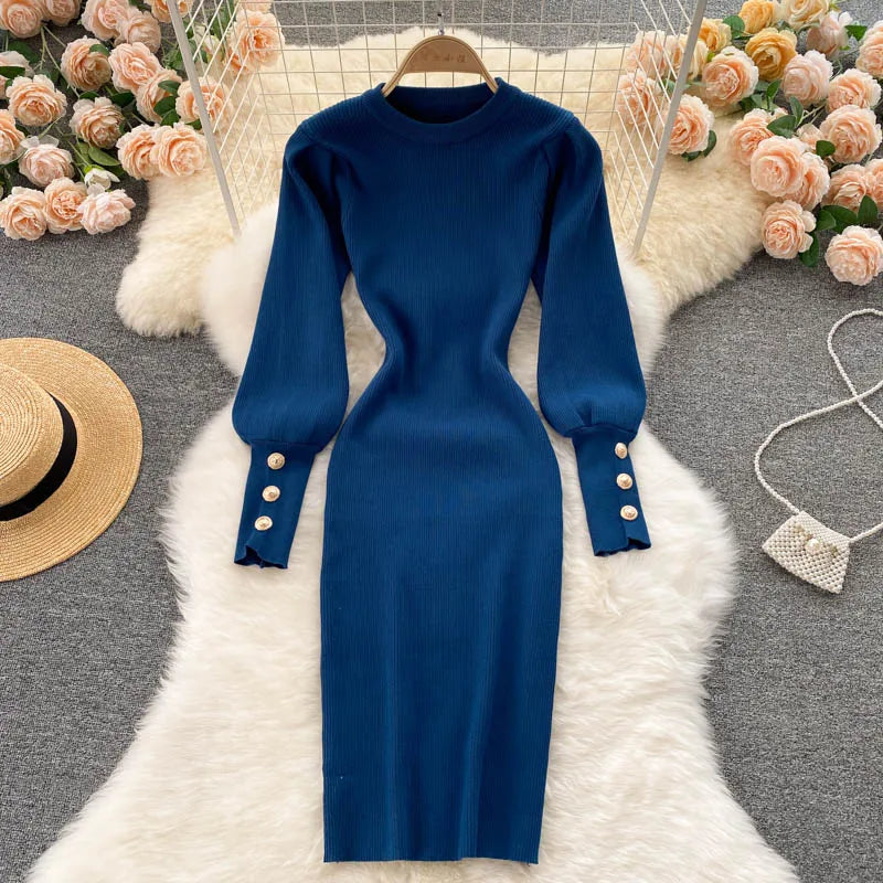 Puff Sleeve Button Knit Bodycon Dress