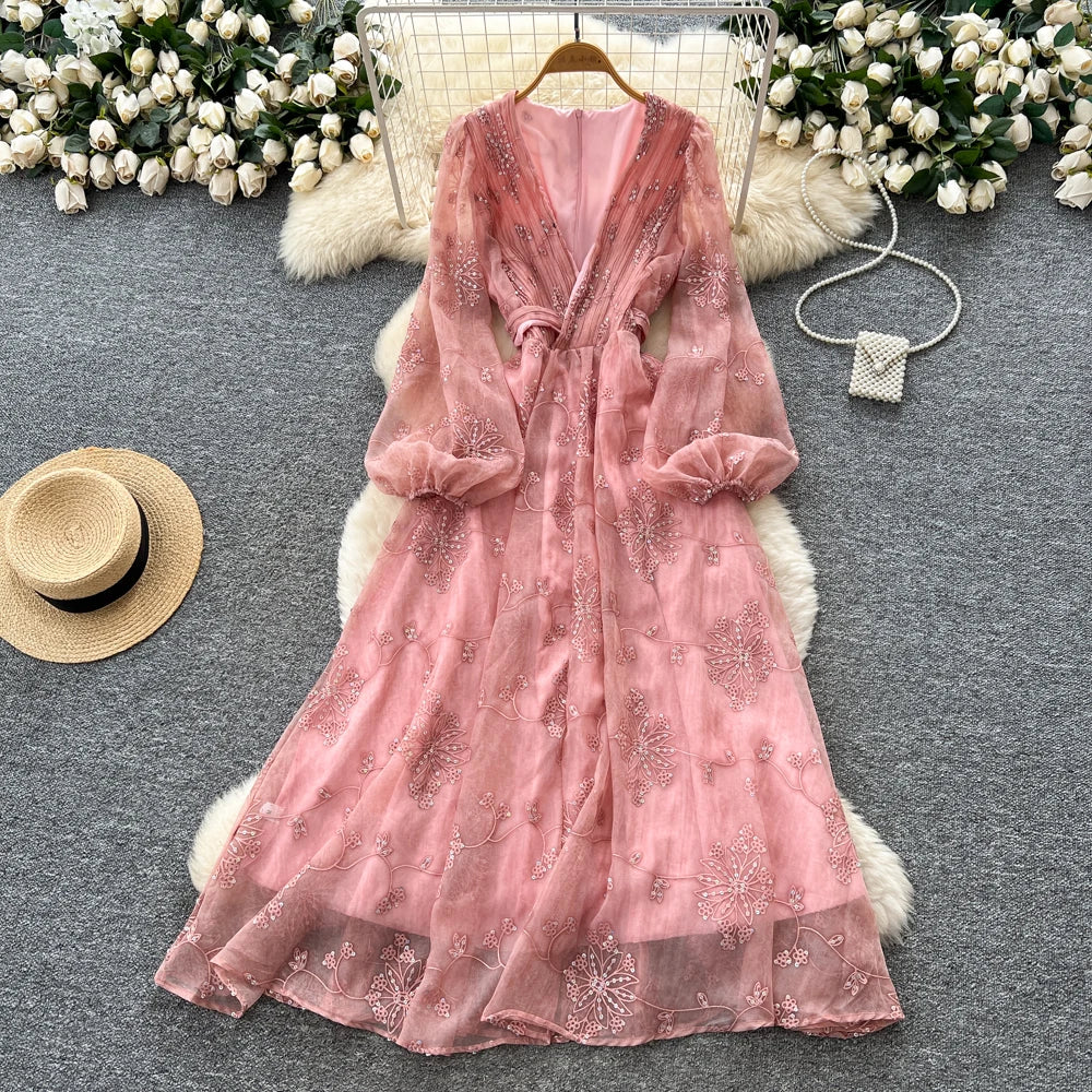 Embroidered Sequin A-Line Dress