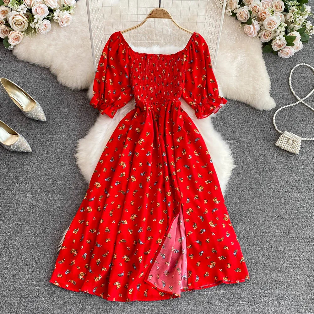 Floral Puff Sleeve Elastic Waist Dress