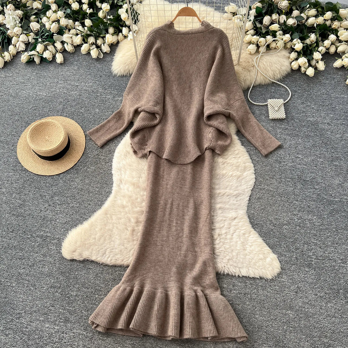 Ruched Cami Mermaid Dress and Knit Cardigan Set