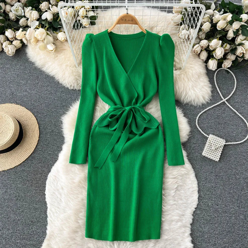 Lace-Up V-Neck Knit Bodycon Dress