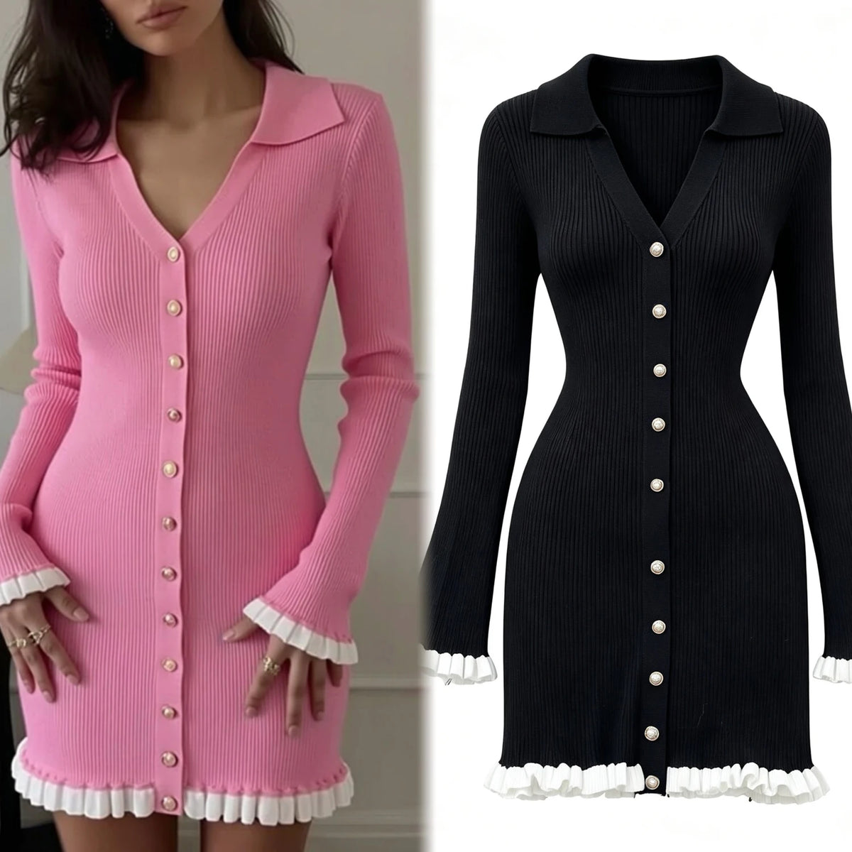 Long Sleeve Ruffled Knit Wrap Mini Dress