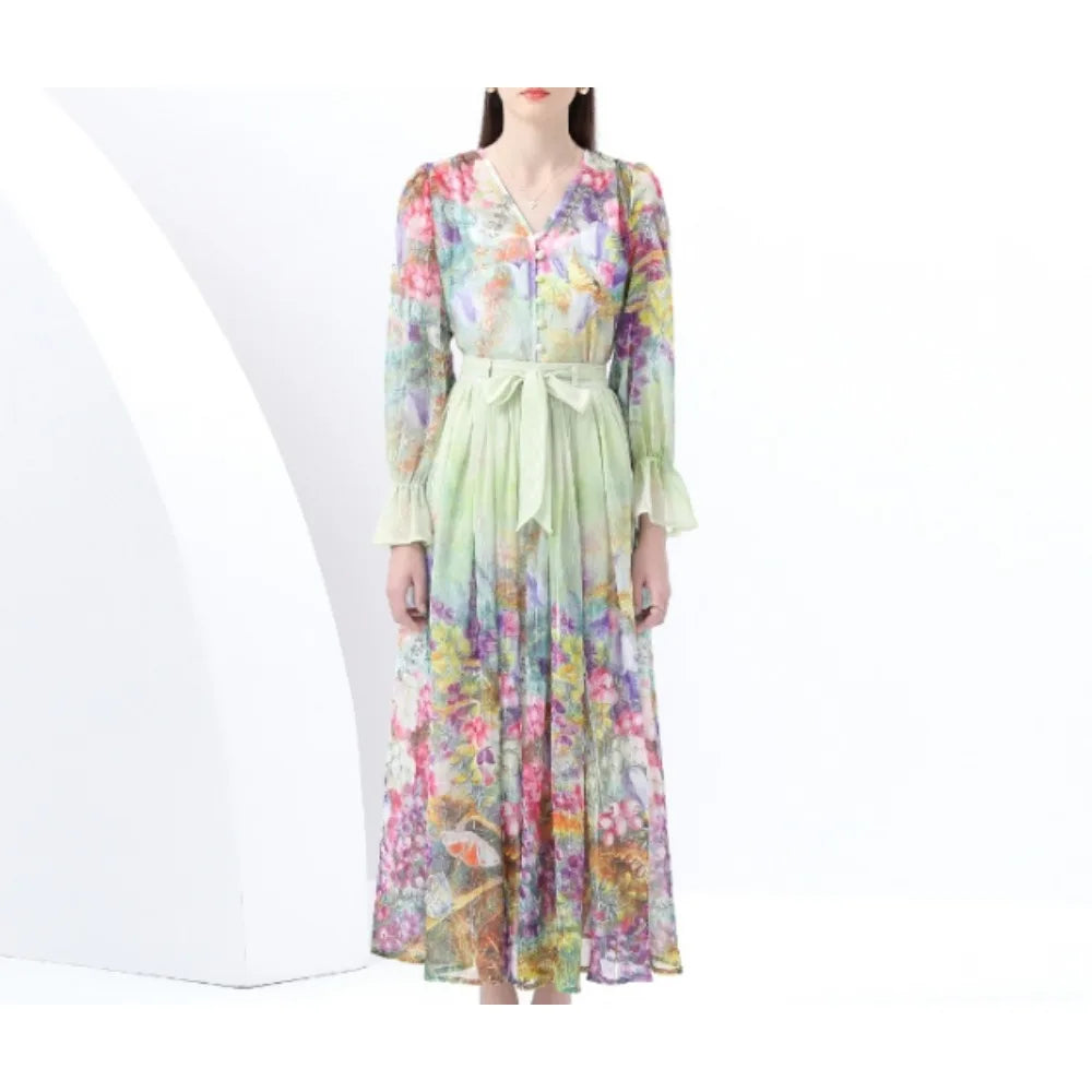 Print Chiffon Flare Sleeve V-Neck Maxi Dress