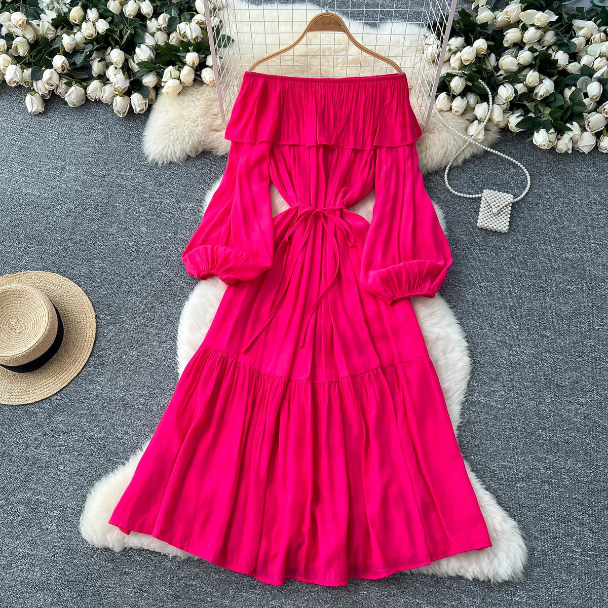 Ruched Ruffle Boat Neck Party Dress