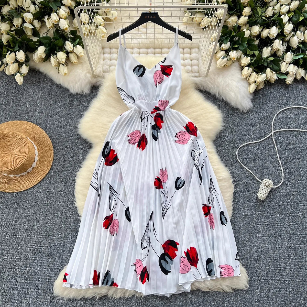 Floral Backless Pleated Maxi Dress