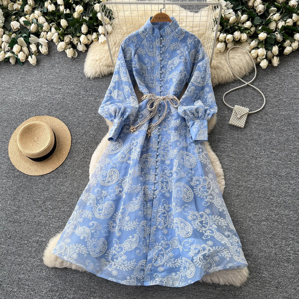 Embroidered Tie Waist Lantern Sleeve Maxi Dress