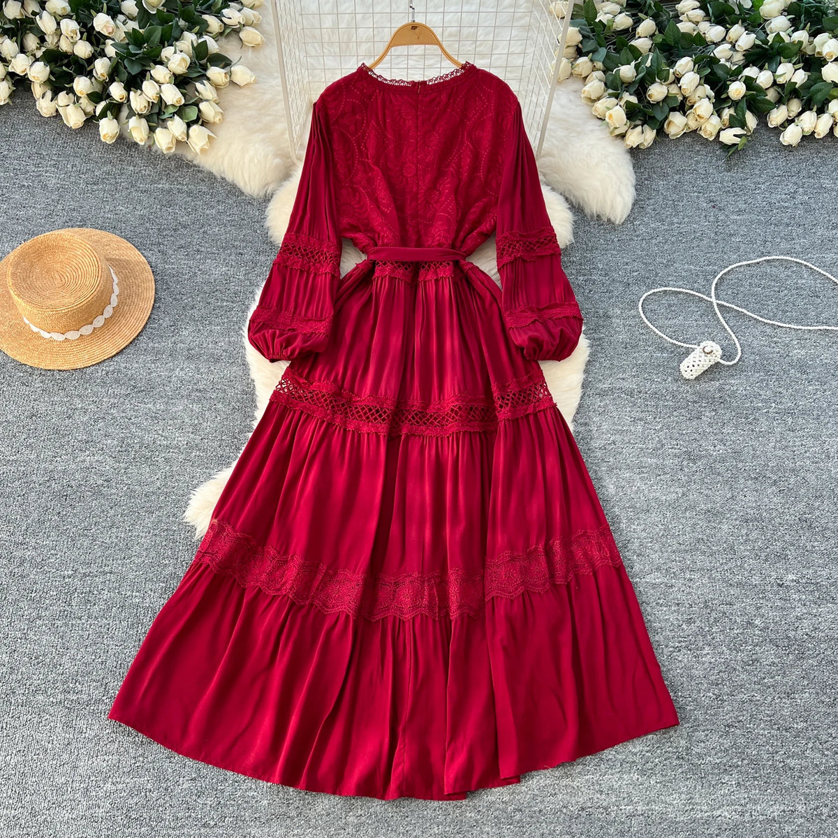 Single Breasted Lace Long Dress
