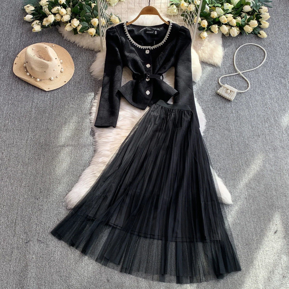 Mesh Button Long Sleeve Dress Set