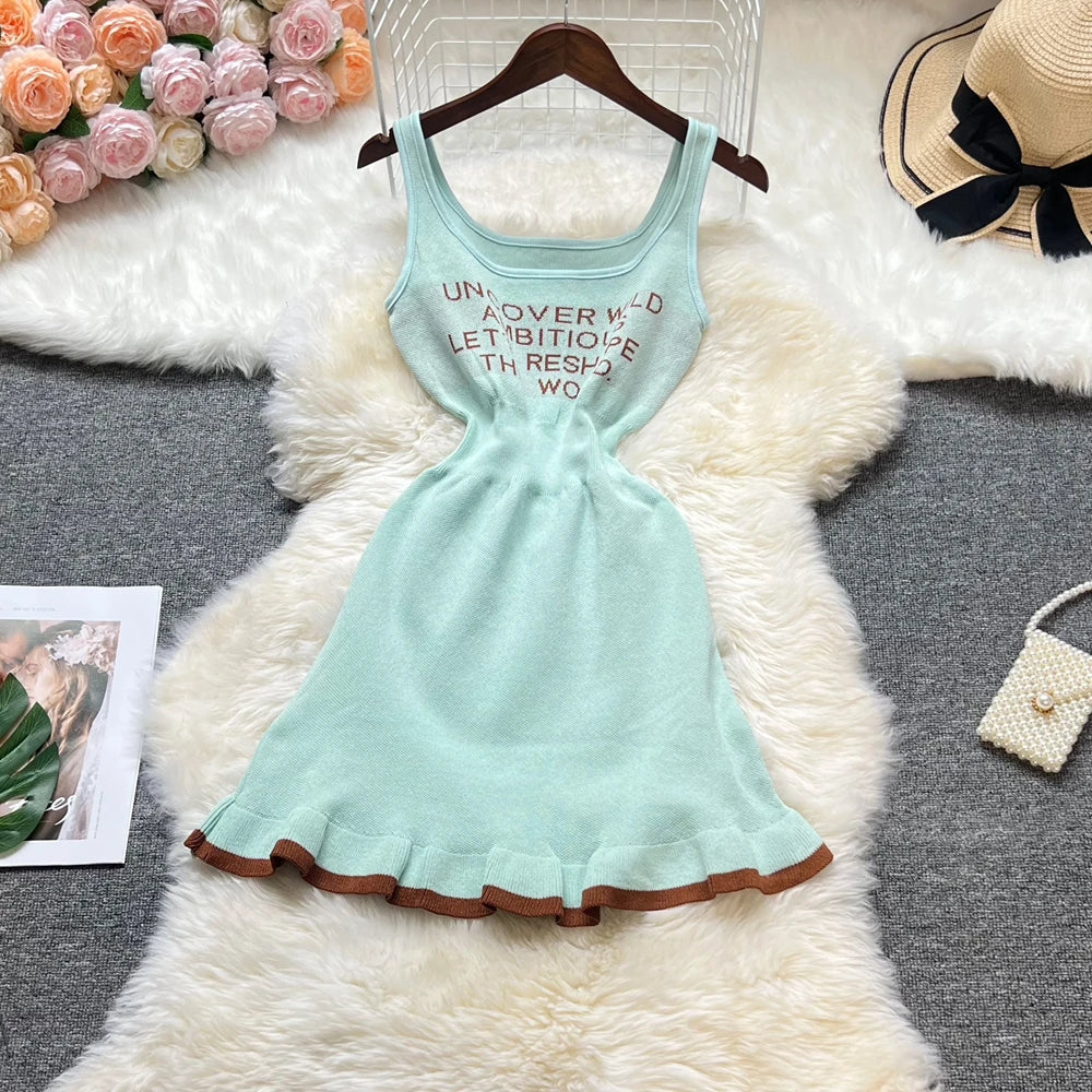 Letter Ruffled Knit Mini Dress