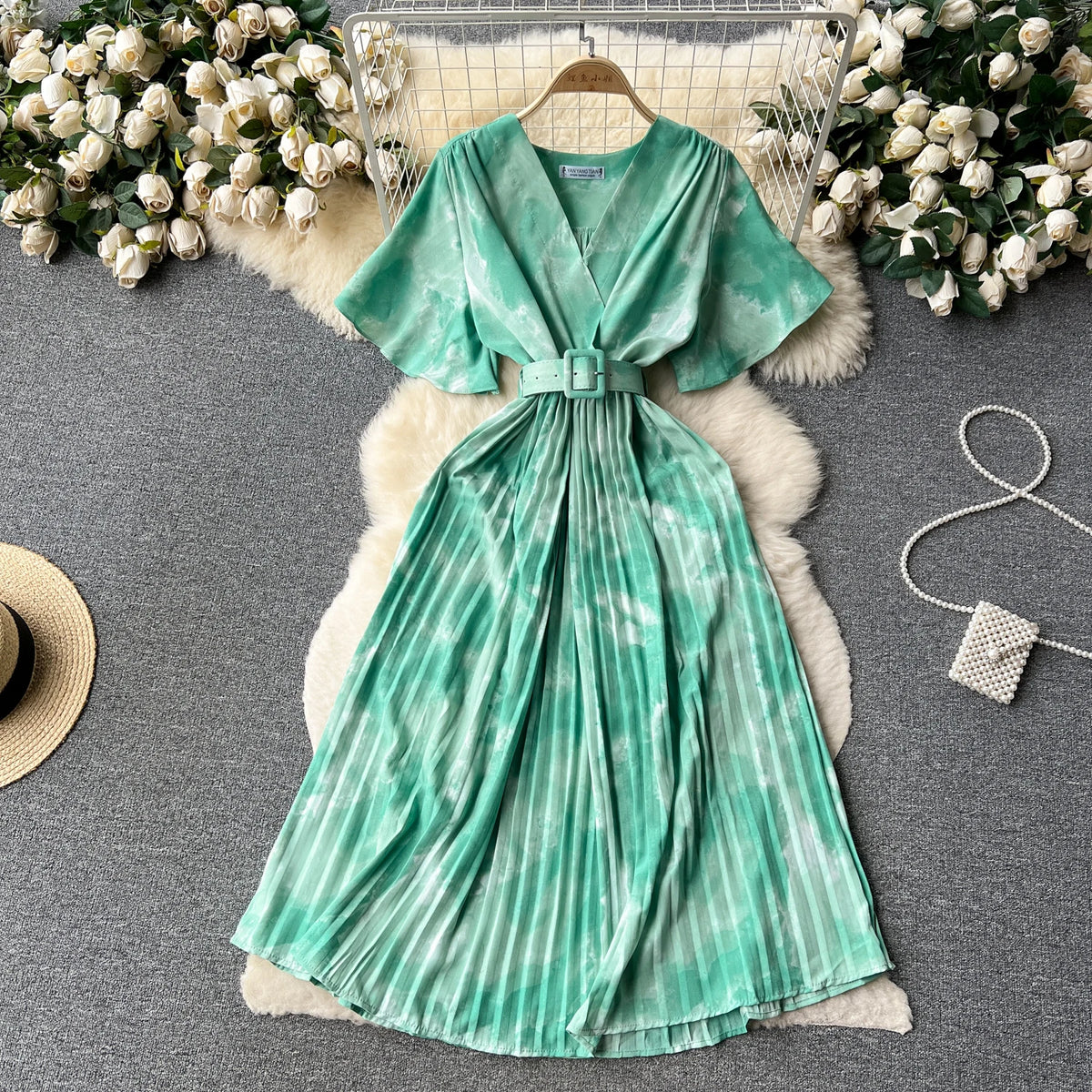 Tie Dye Chiffon V-Neck Dress