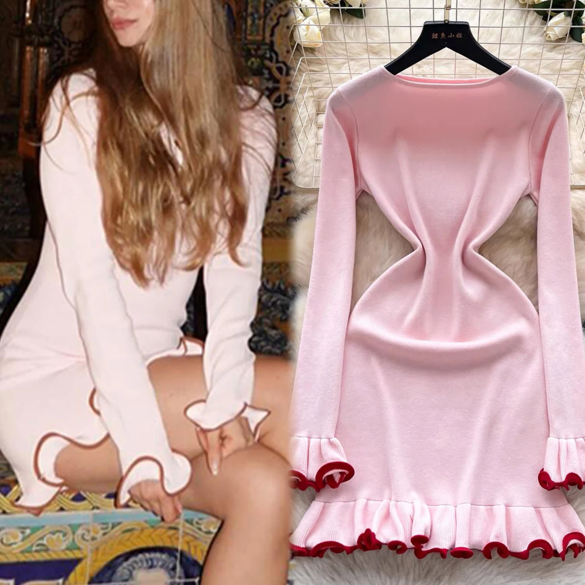 Long Sleeve Ruffled Knit Mini Party Dress