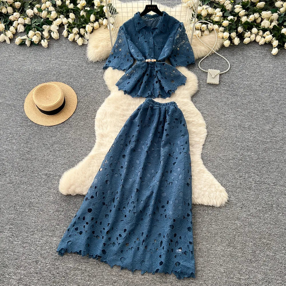 Lace Collared Top and A-Line Skirt Set