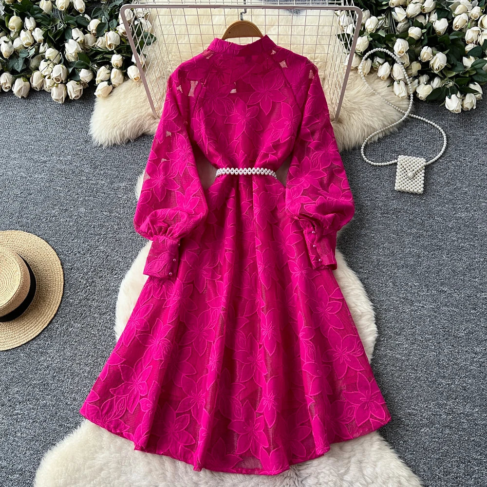 Hollow Out Button Crew Neck Long Sleeve Dress