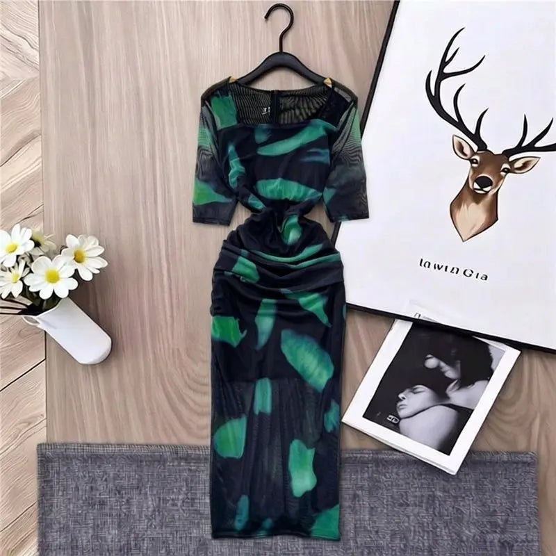 Printed Layered Mesh Bodycon Midi Dress