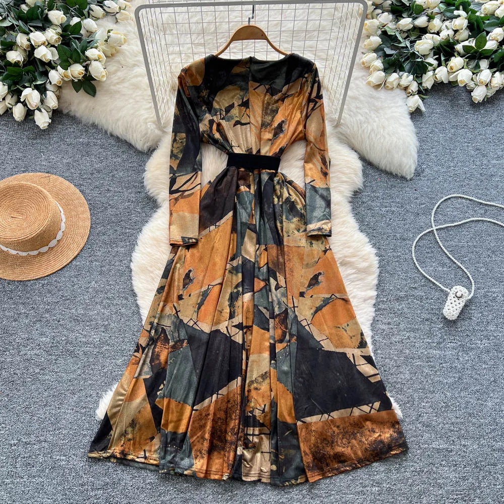 Vintage Print Crew Neck Long Sleeve Dress