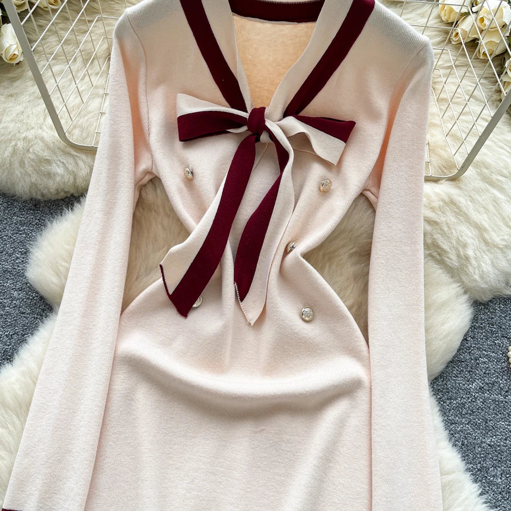 Vintage Bow V-Neck Knit Mini Dress