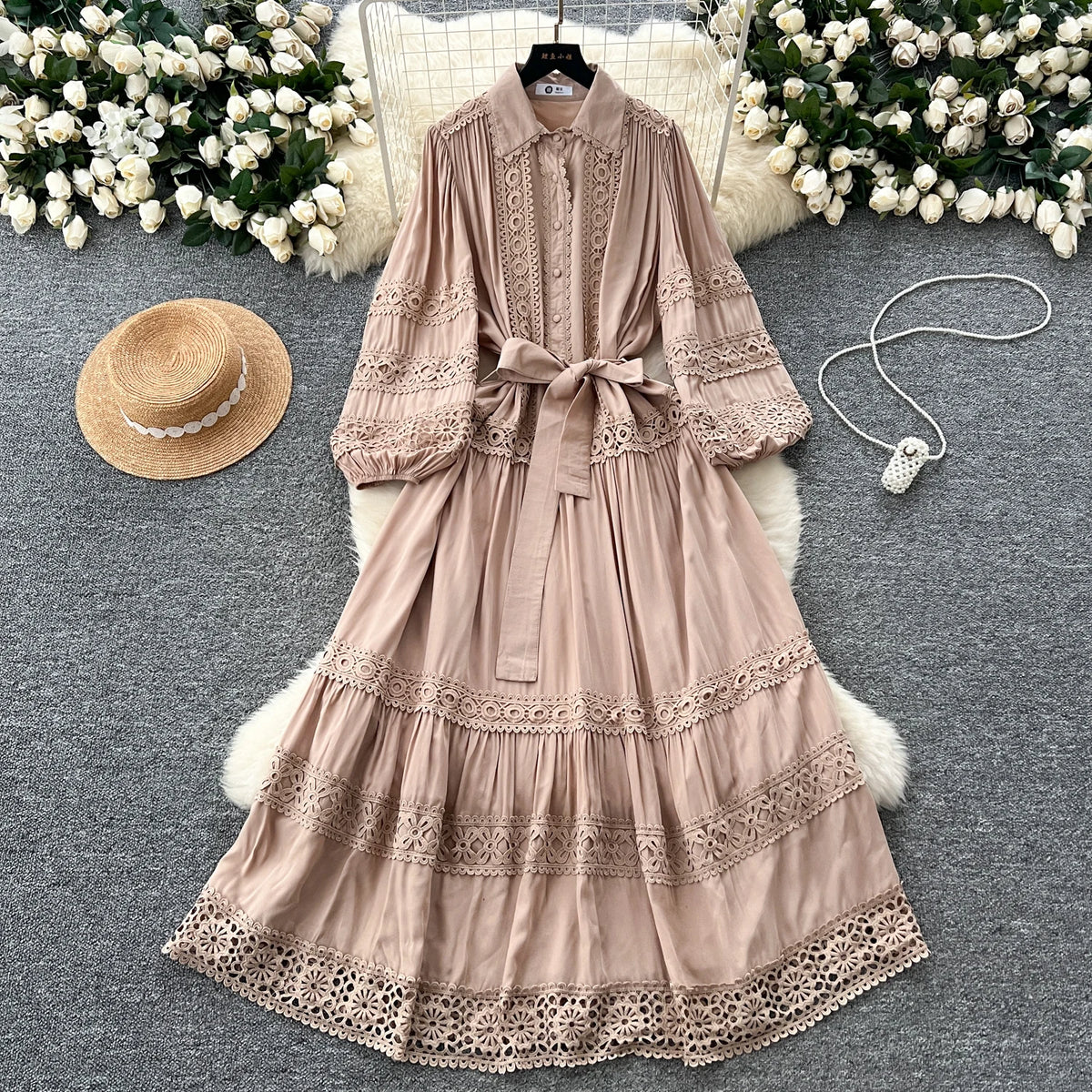 Lace-Up Single Breasted Lace Long Dress