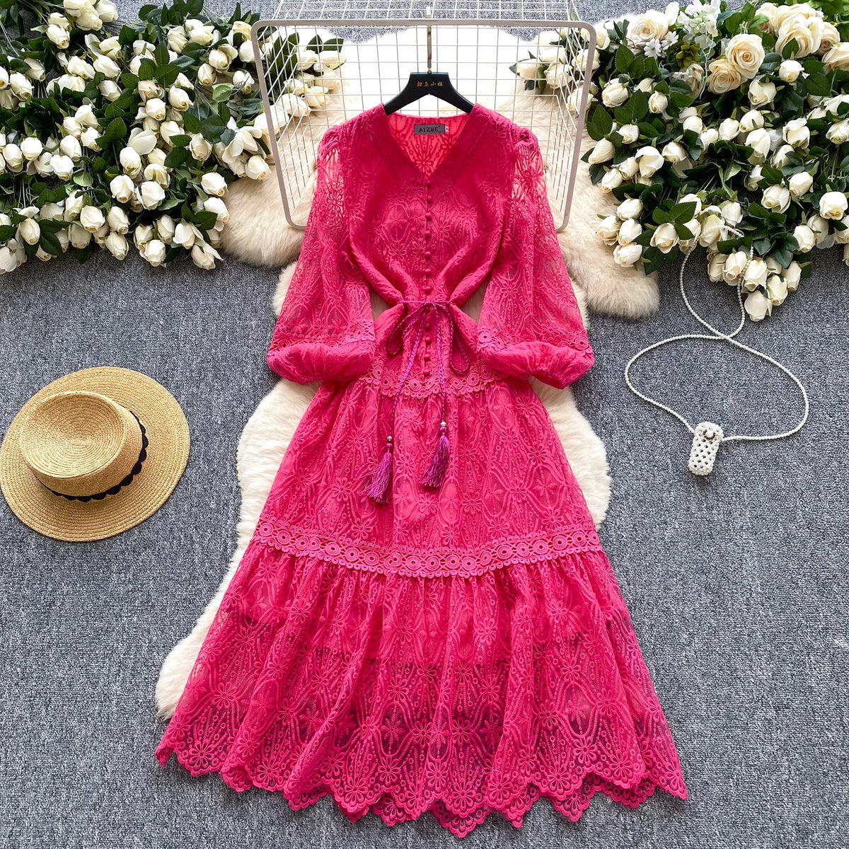 Embroidered Mesh Lace-Up A-Line Dress