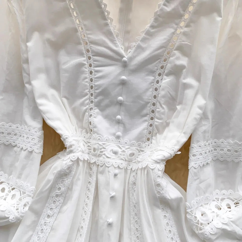Lace V-Neck Lantern Sleeve Puff Dress