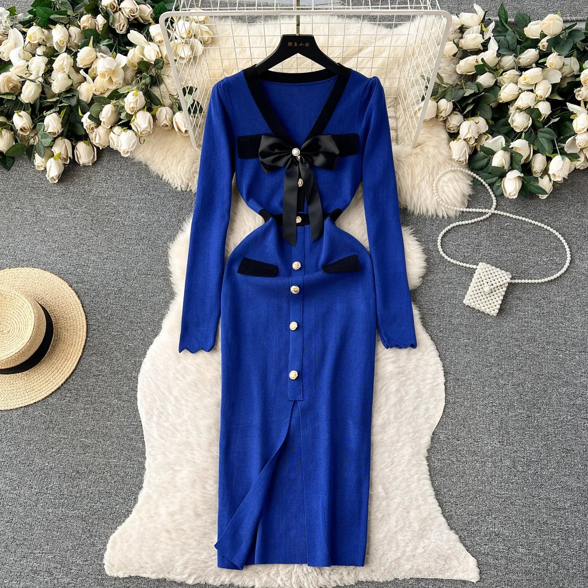 V-Neck Bow Front Slit Bodycon Dress