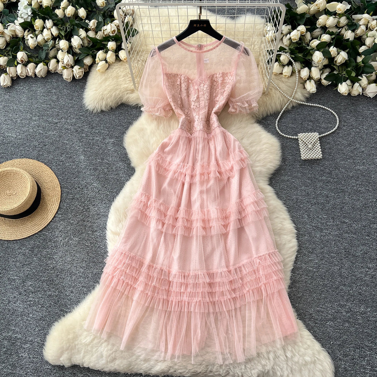 Glitter Mesh Puff Sleeve Dress
