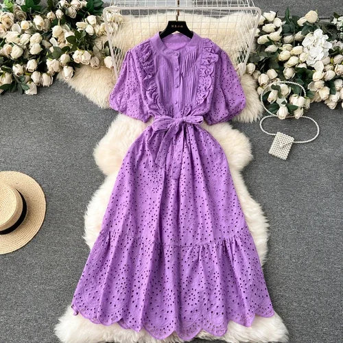 Solid Puff Sleeve Button Front A-Line Dress