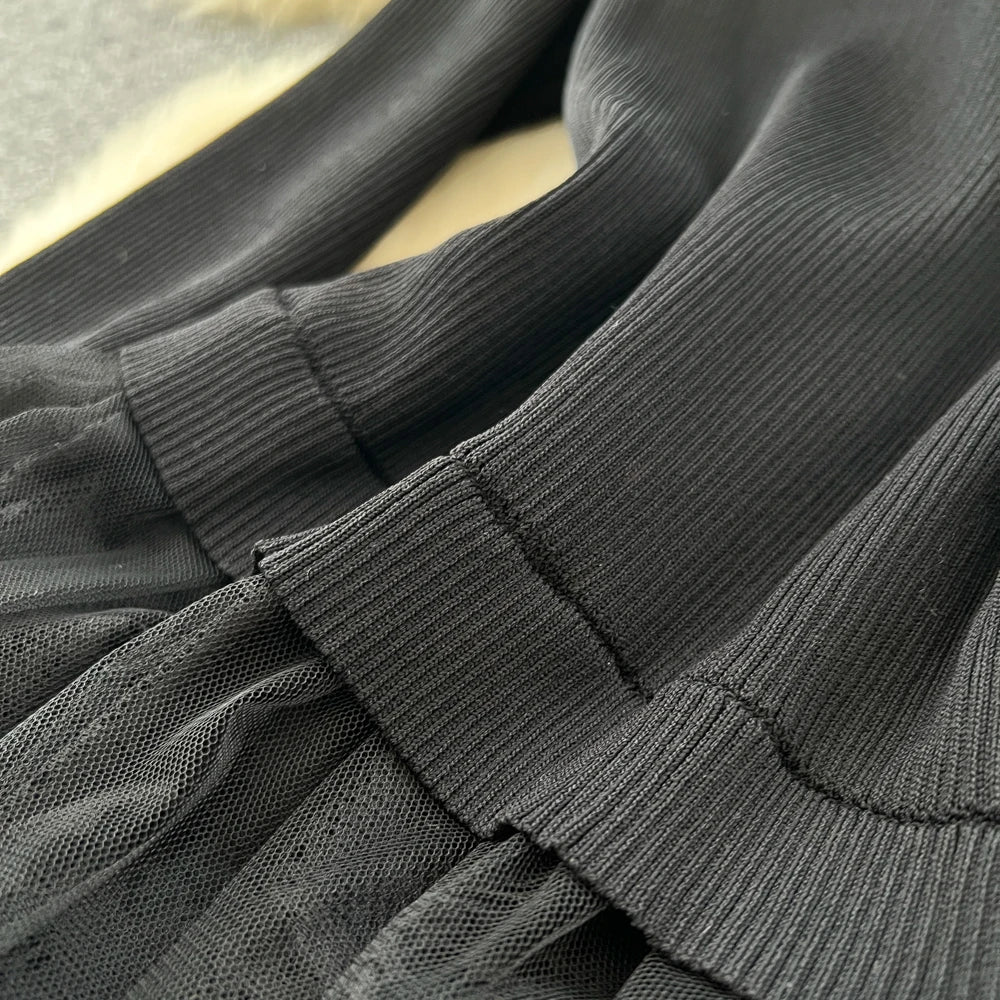 Mesh Spliced Long Sleeve Vintage Dress