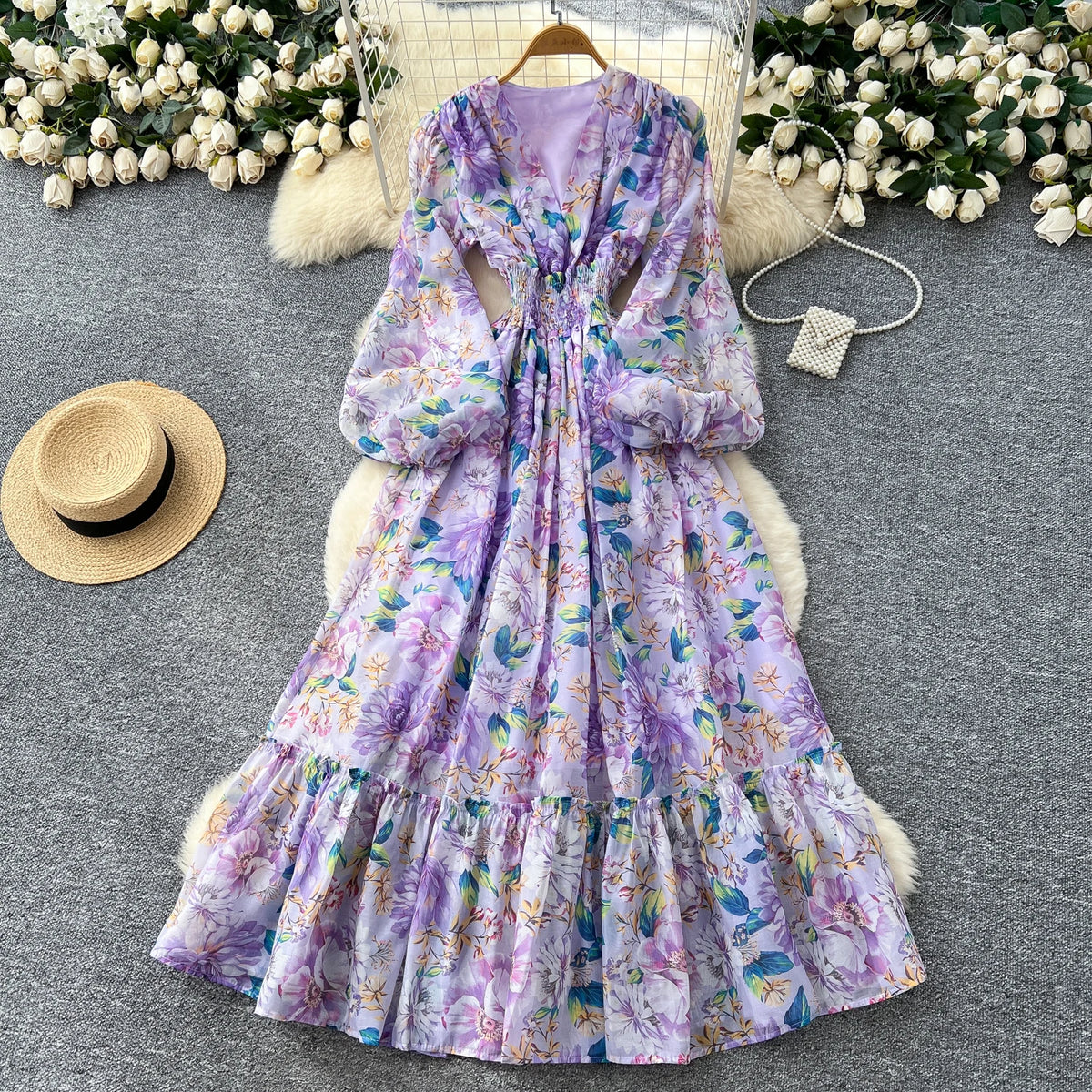 Pleated Print V-Neck Lantern Sleeve Long Dress
