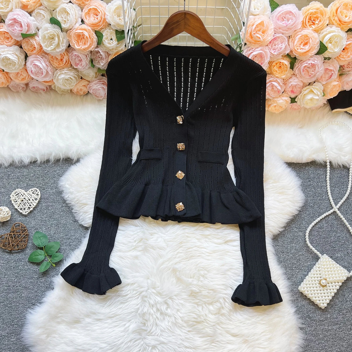 Ruffled V-Neck Knit Cardigan