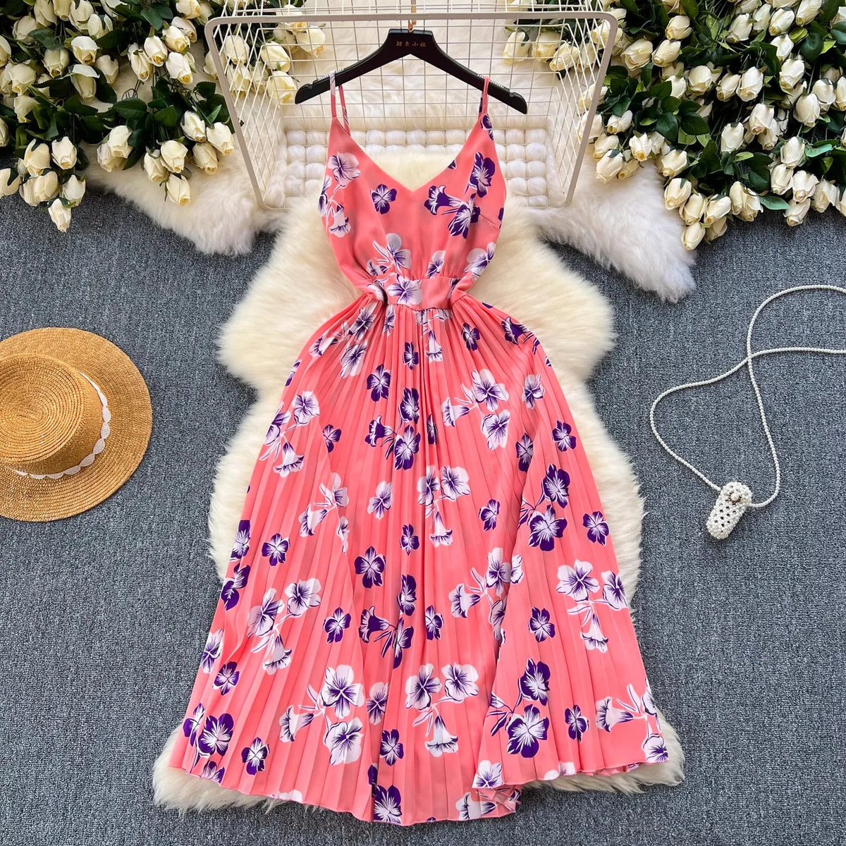 Floral Backless Pleated Maxi Dress