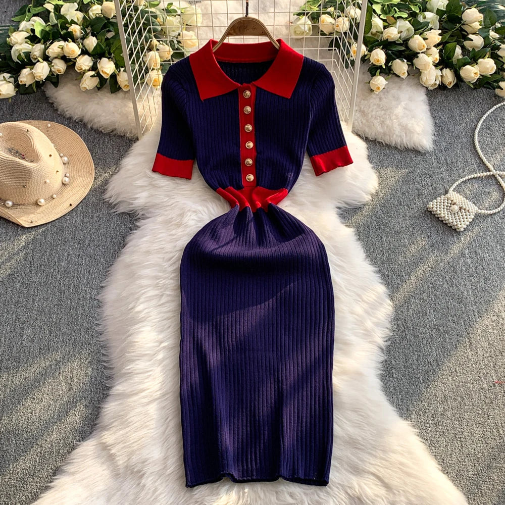 Collared Contrast Knit Bodycon Dress