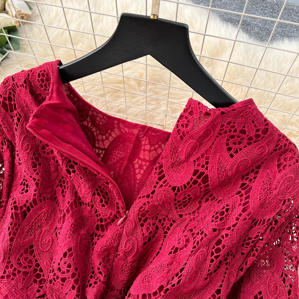 Lace O-Neck Long Sleeve A-Line Dress