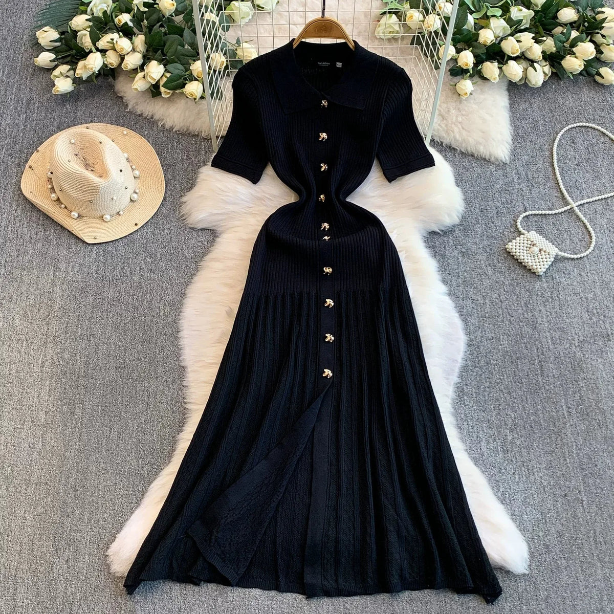 Turn-Down Collar Knit Maxi Office Dress