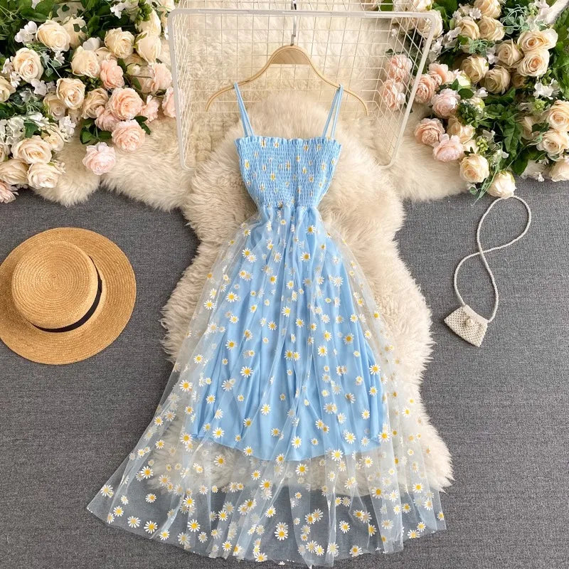Floral Mesh Spaghetti Strap Party Dress