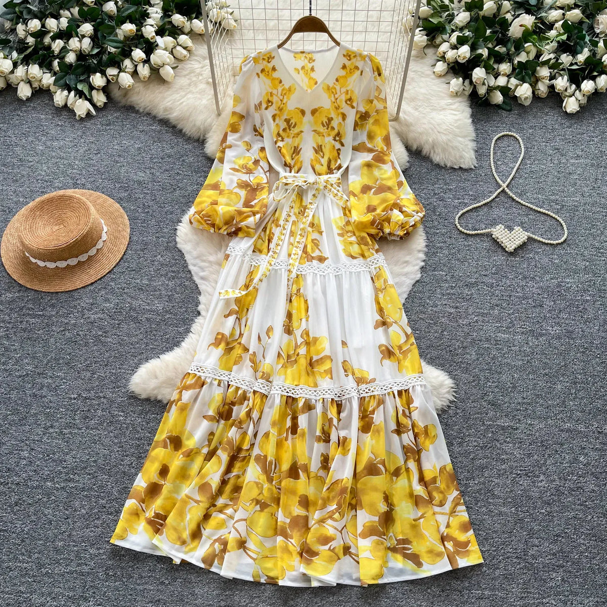 Print Puff Sleeve Lace-Up A-Line Dress