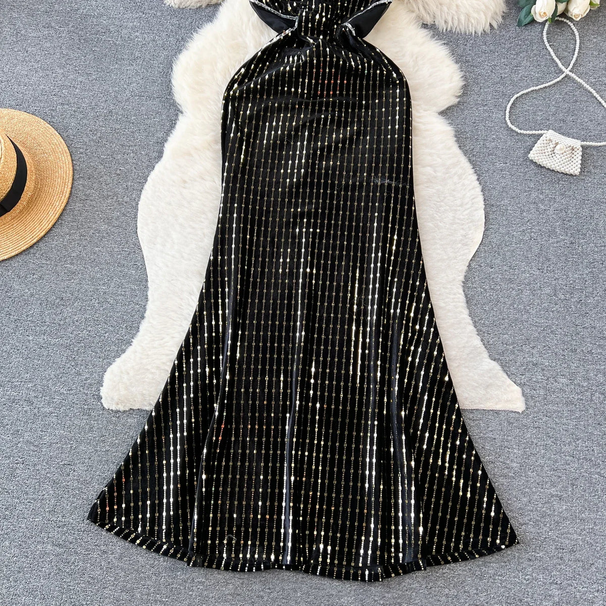 Sequin Off-Shoulder V-Neck Wrap Dress