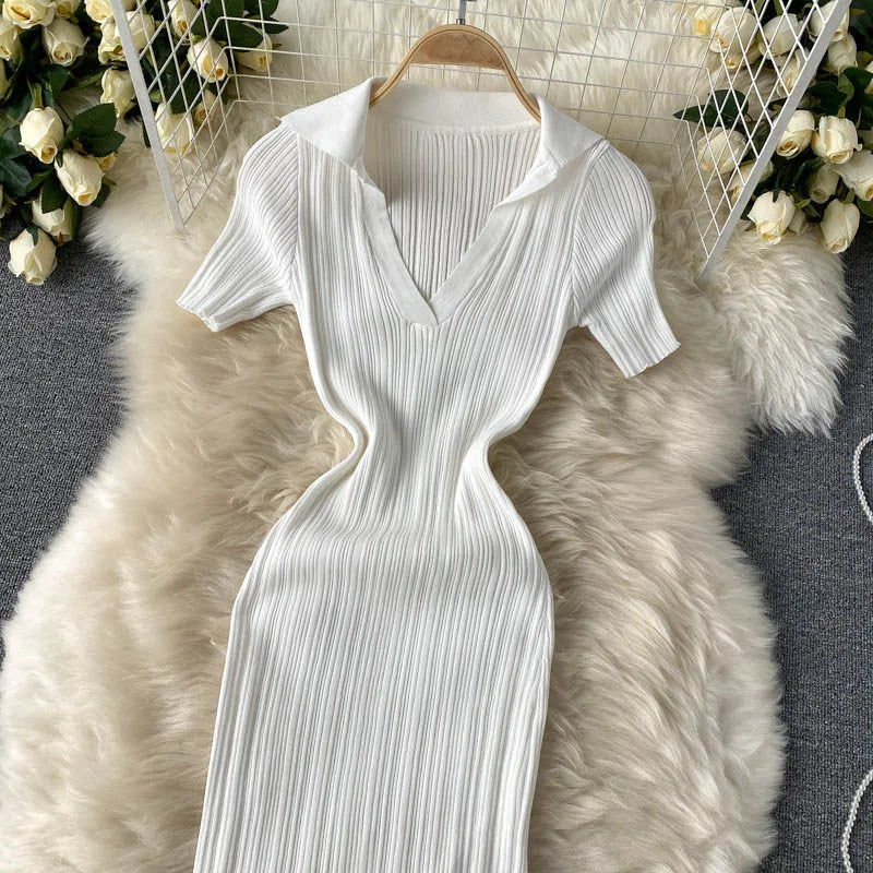 Polo Collar Ribbed Knit Slit Maxi Dress