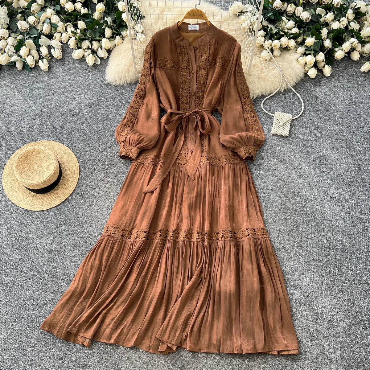 Jacquard Puff Sleeve Ruffle Swing Dress