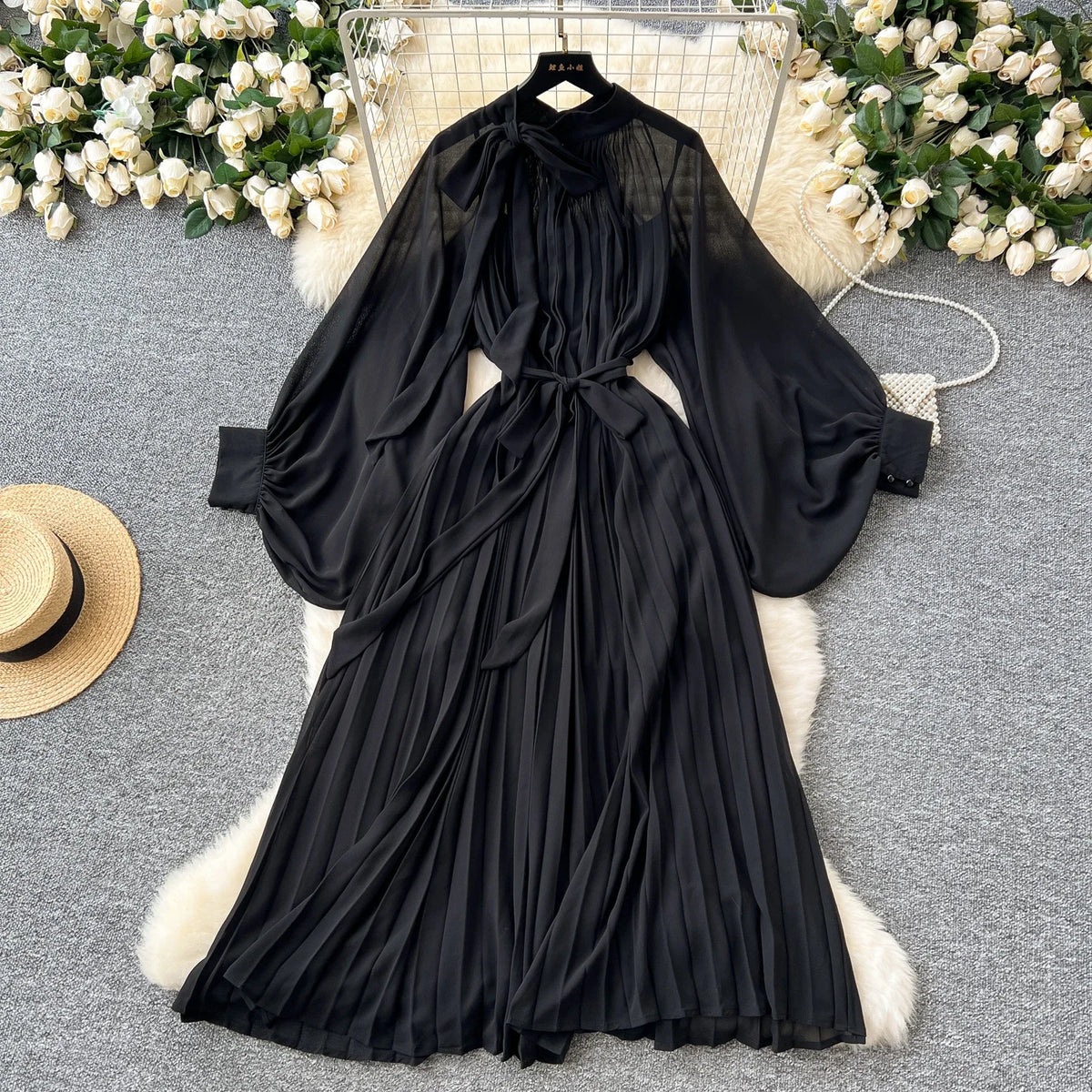 Print Bow Flare Sleeve Maxi Dress