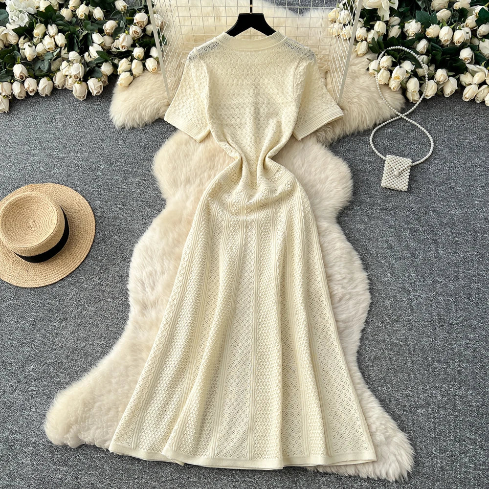 Button Knit Short Sleeve Long Dress
