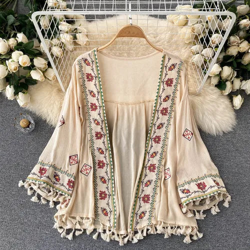 Embroidered Tassel Sheer Beach Cover-Up Dress