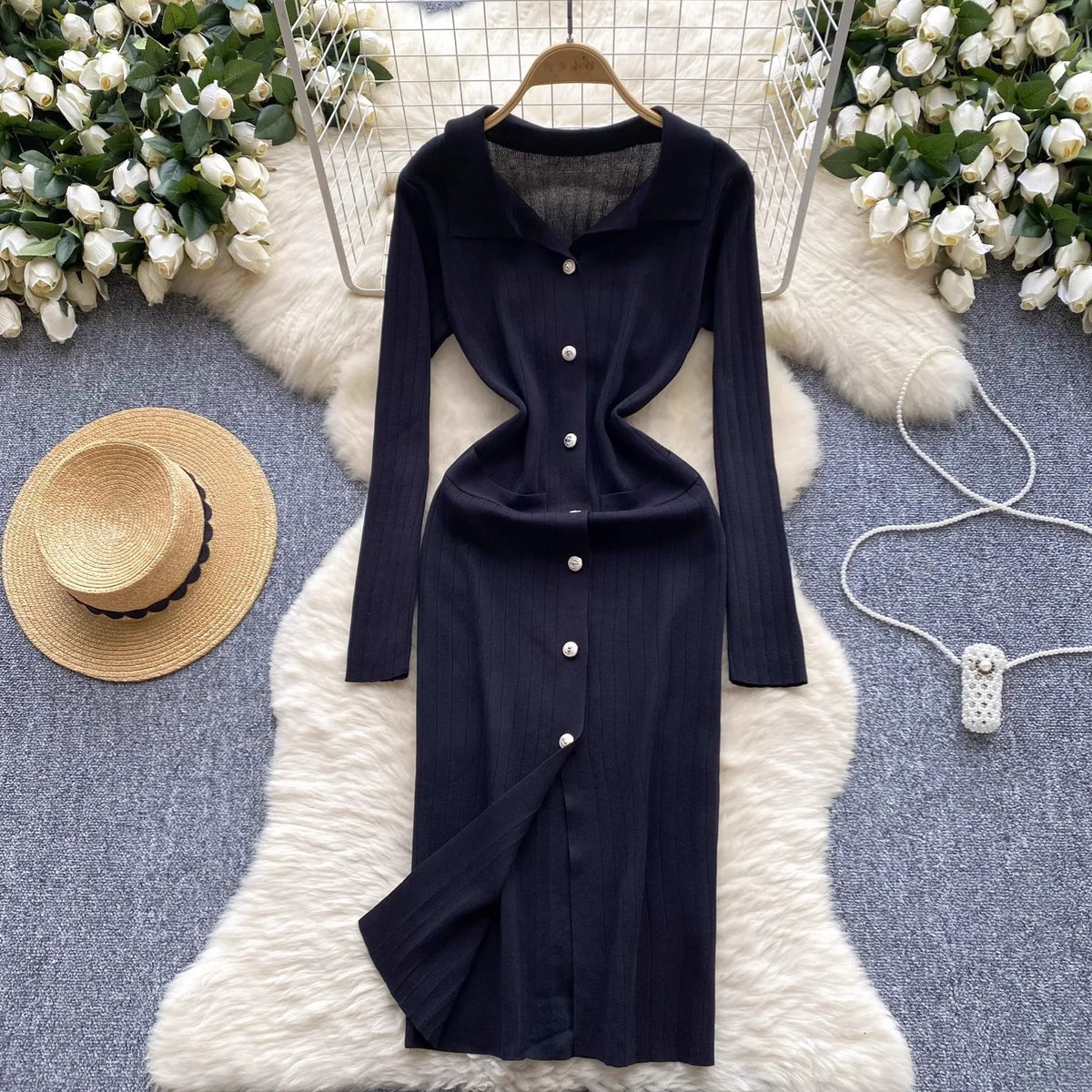 Collared Knit Maxi Shirt Dress