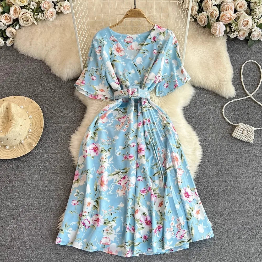 Floral V-Neck Belted Maxi Dress