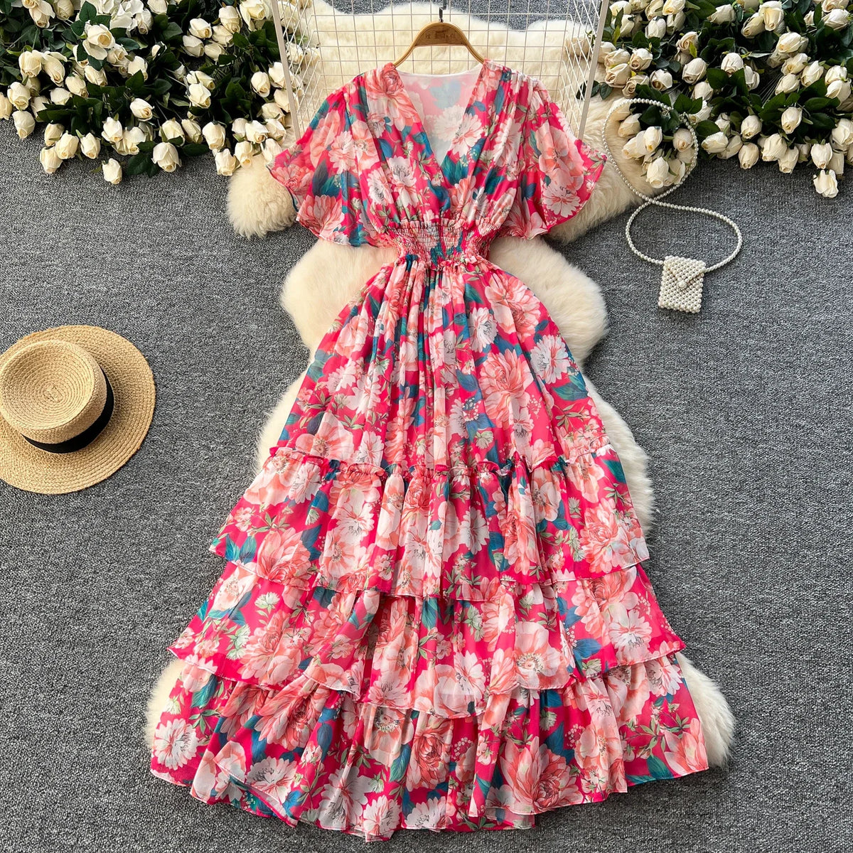 Print Chiffon Butterfly Sleeve A-Line Dress