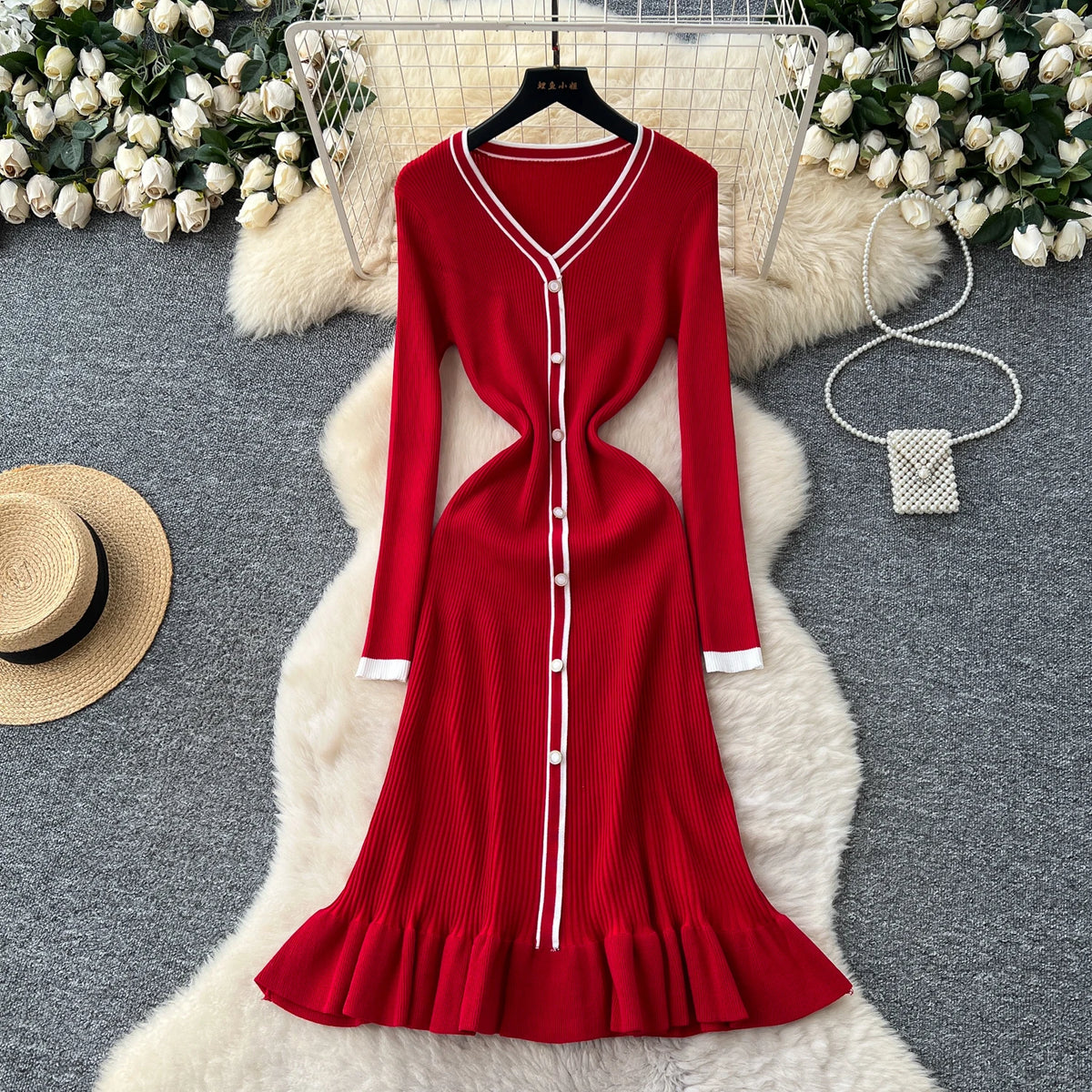 Ruffle Button Front Long Sleeve A-Line Dress