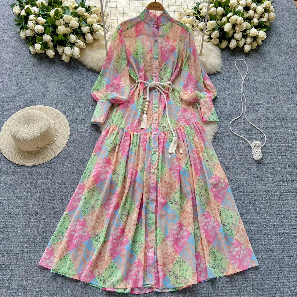 Chiffon Stand Collar Lantern Sleeve A-Line Dress