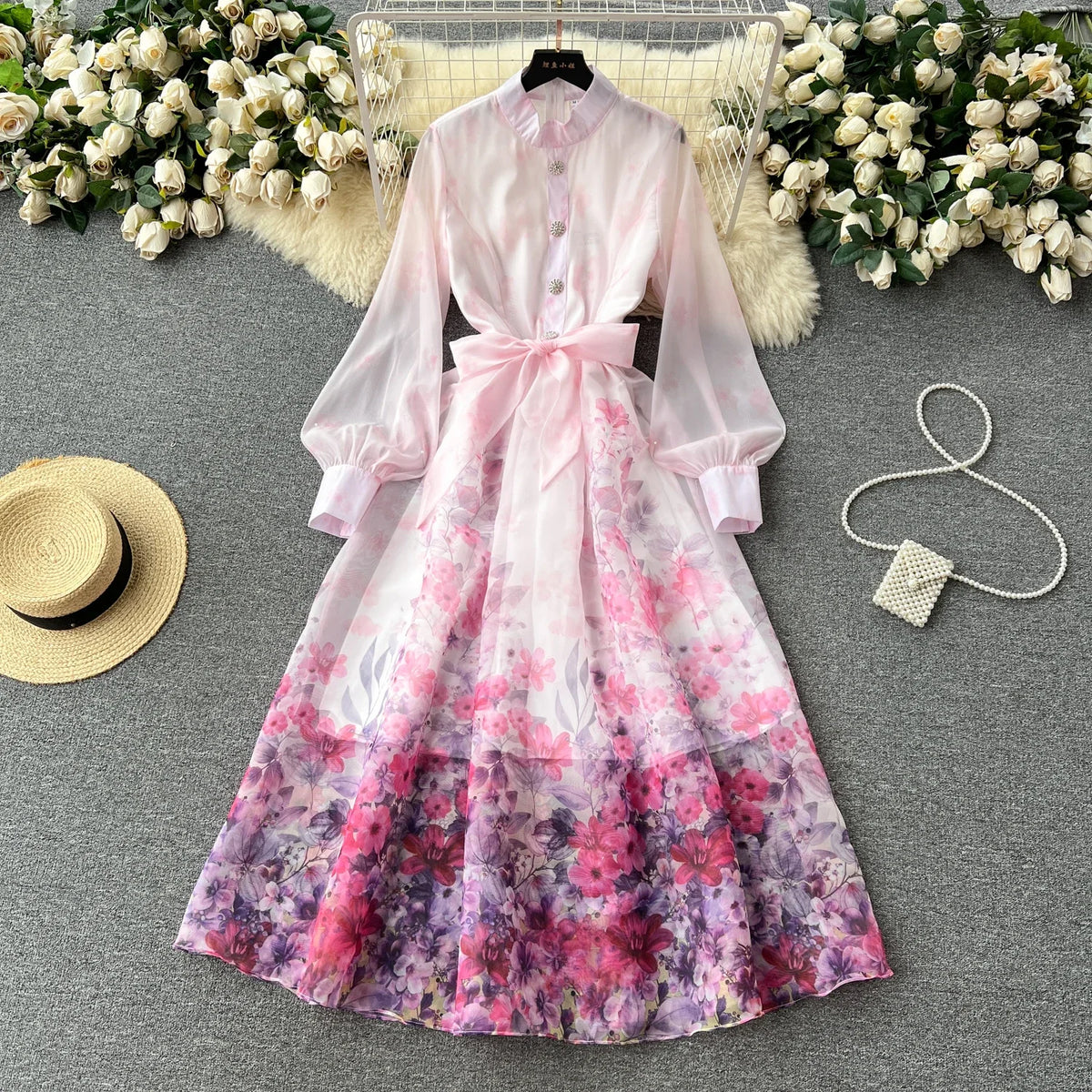 Stand Collar Print Chiffon Long Dress