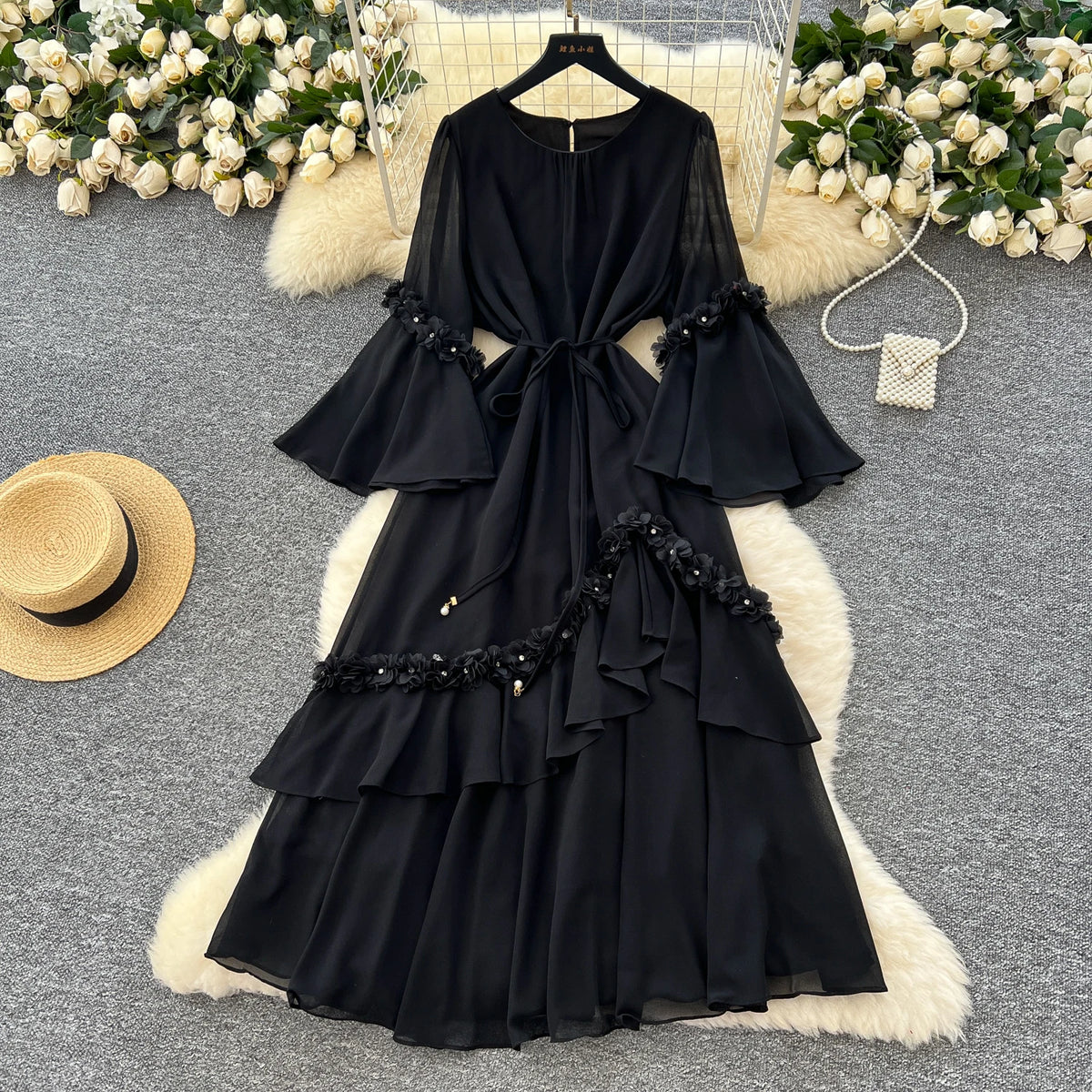 Embroidered Flare Sleeve Long Dress